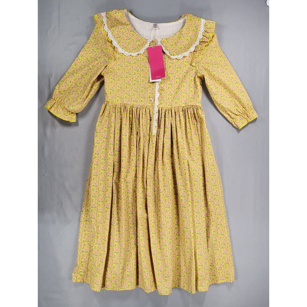 Relibeauty Girls Vintage Yellow Floral Cotton Dress Lace Collar Size 10/12
